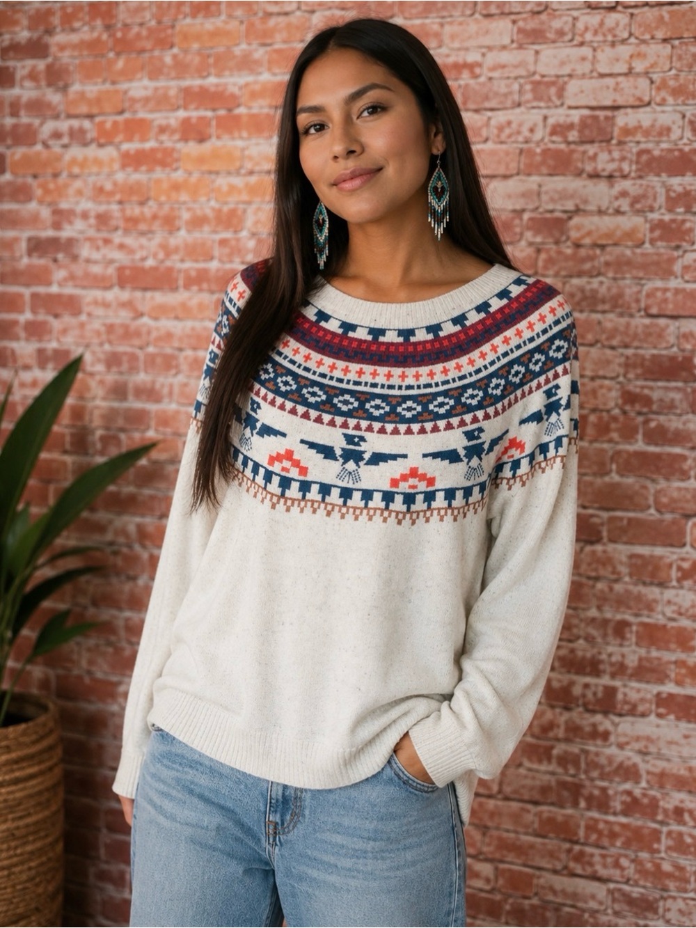 On the Byas Scoop Neck Oatmeal Southwestern Thunderbird Fair Isle Sweater